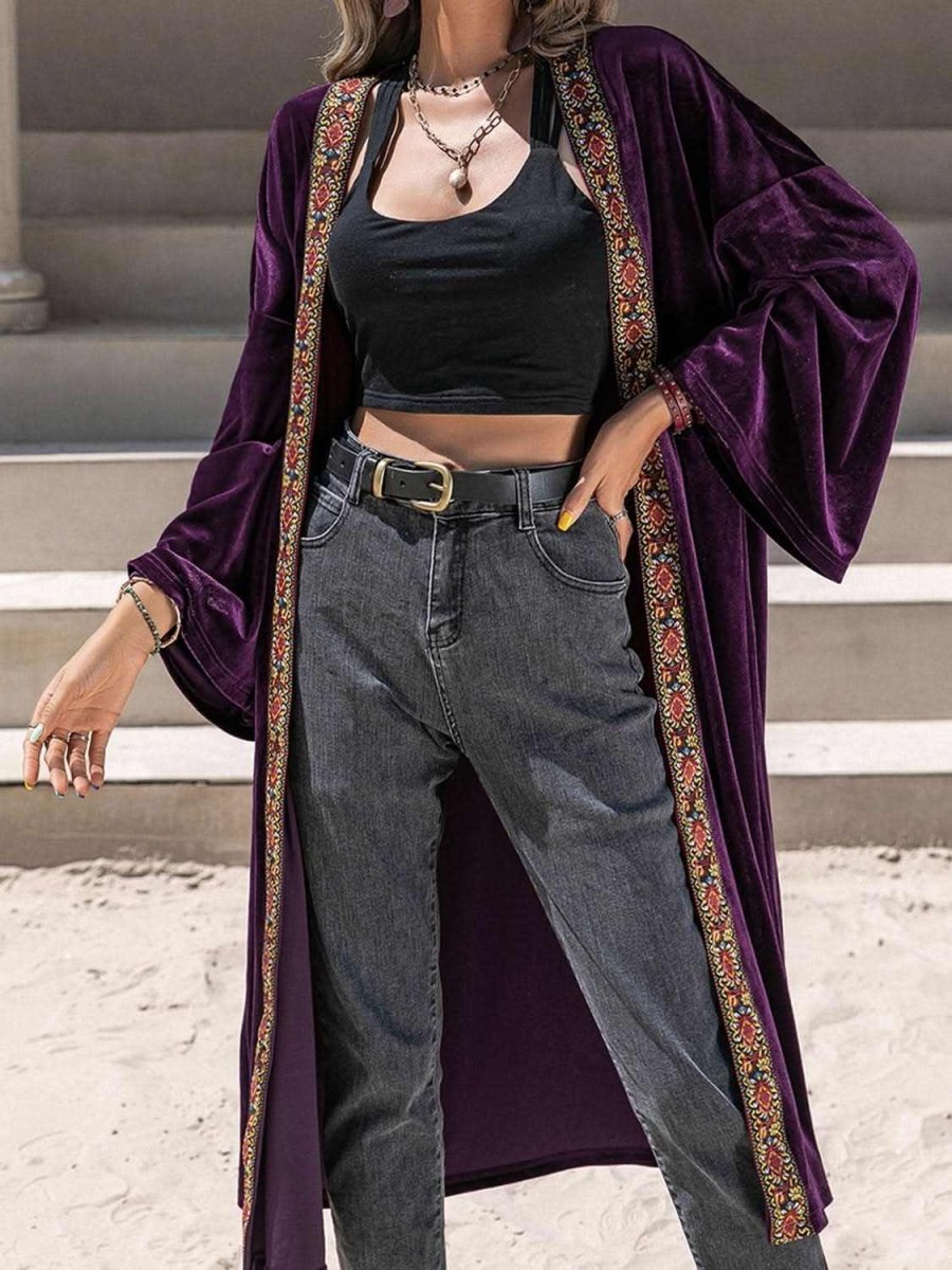 Embroidered Open Front Long Sleeve Cardigan - Love Salve