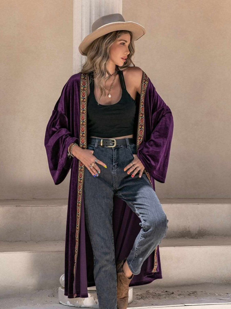 Embroidered Open Front Long Sleeve Cardigan - Love Salve