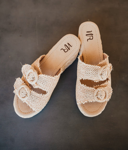 Eriwen Buckle Wedge Sandals Cream Adjustable Straps All Day Naughty Monkey