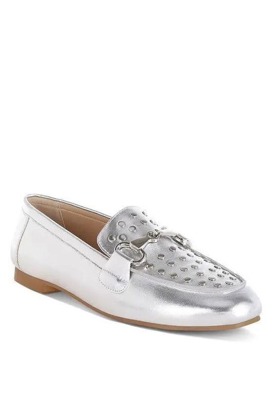 Estafa Horsebit & Studs Metallic Pleather Loafers for Women - Love Salve