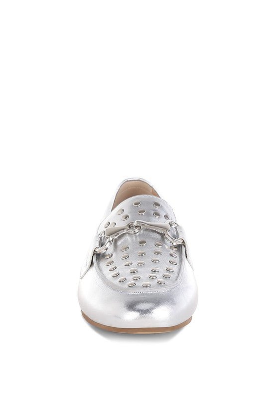 Estafa Horsebit & Studs Metallic Pleather Loafers for Women - Love Salve
