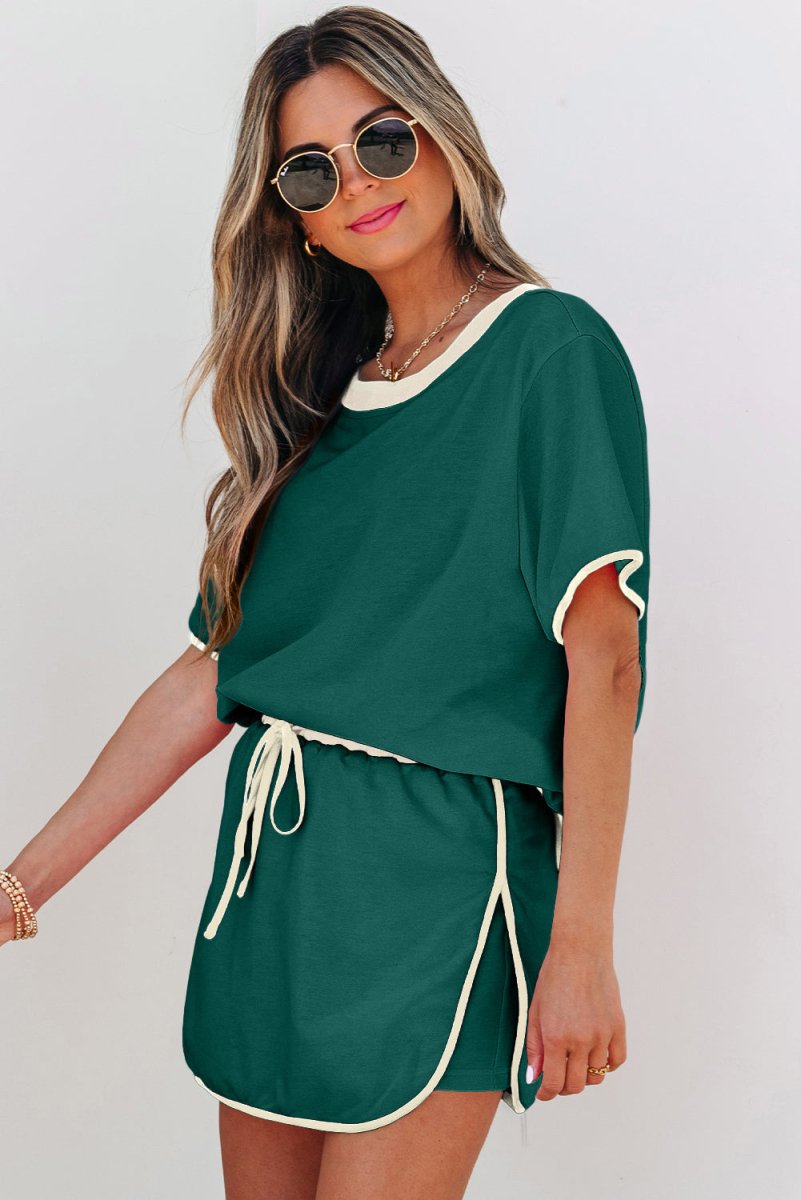 Evergreen Colorblock Edge Drop Shoulder T Shirt and Skort Set - Love Salve