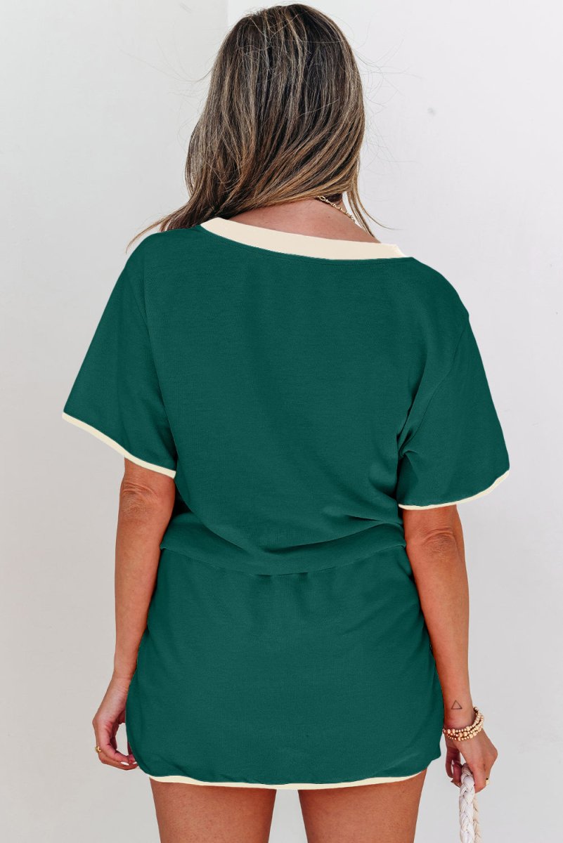 Evergreen Colorblock Edge Drop Shoulder T Shirt and Skort Set - Love Salve
