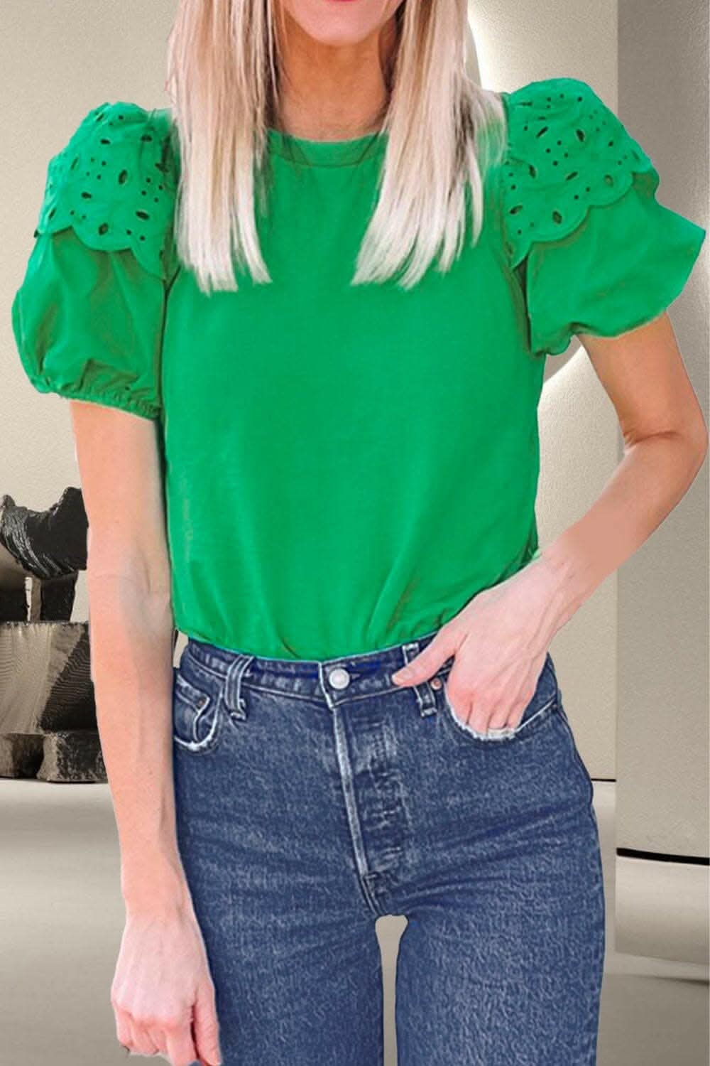 Eyelet Round Neck Short Sleeve Blouse - Love Salve