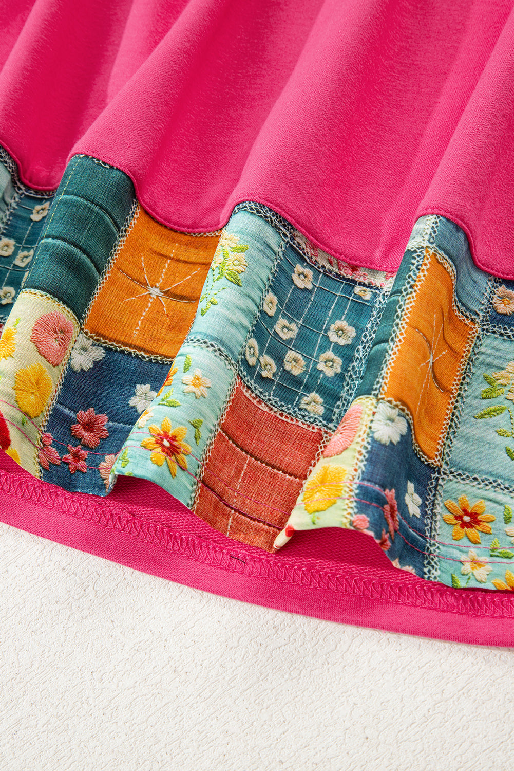 Strawberry Pink Floral Patchwork Hemline Round Neck Top