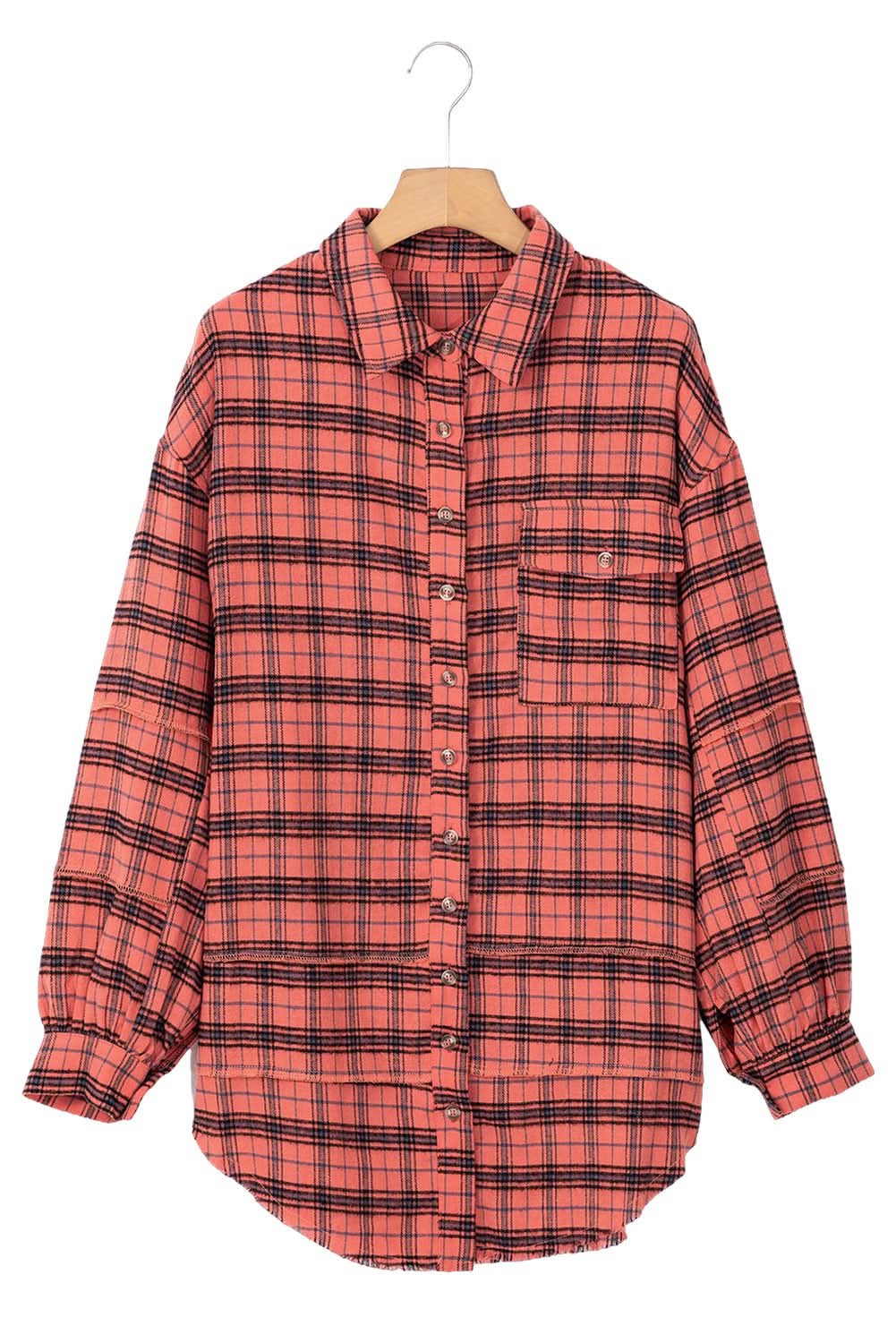 Red Plaid Long Sleeeve Side Split Distressed Hem Shirt - Love Salve