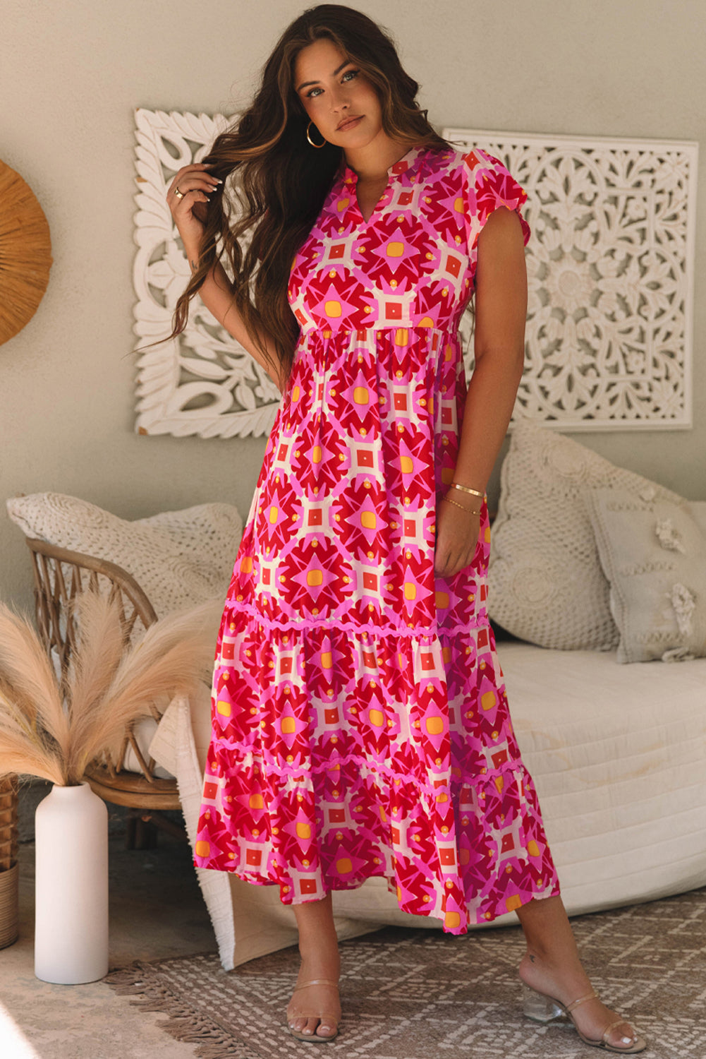 Strawberry Pink Geo Print V-neck Maxi Dress for Women