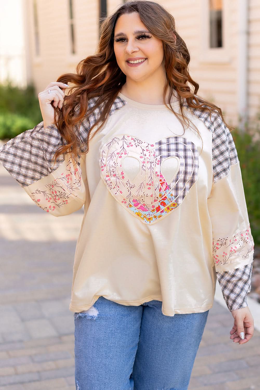 Beige Plaid Floral Peace Heart Graphic Wide Long Sleeve Top - Love Salve