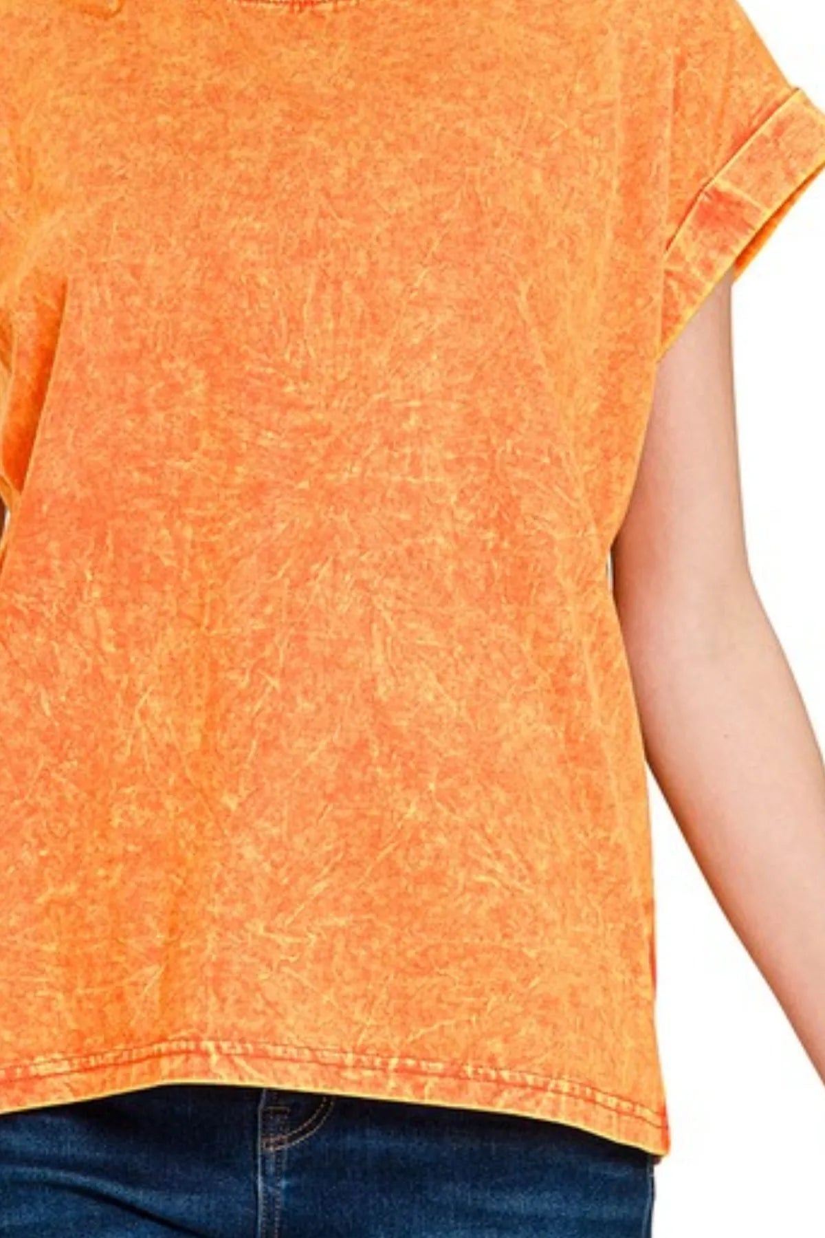 Zenana Crinkle Washed Round Neck Folded Short Sleeve Tee - Love Salve