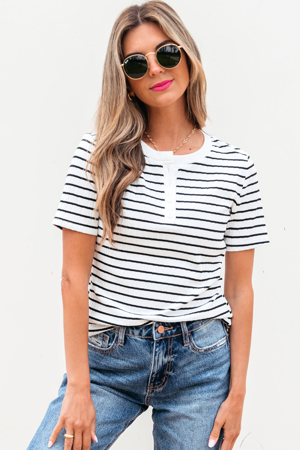 White Stripe Textured Short Sleeve Buttoned Henley Top Style