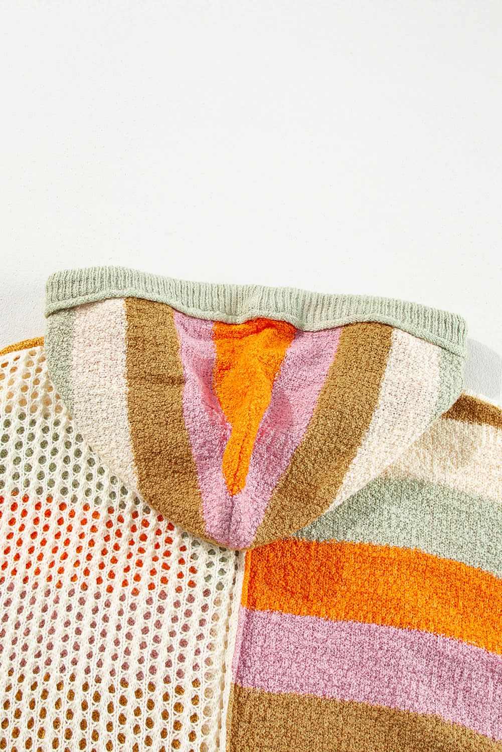 Beige Pointelle Knit Colorblock Patchwork V Neck Hooded Plus Sweater - Love Salve