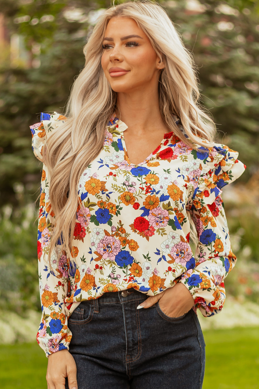 Premium Apricot Ruffled Shoulder Floral Long Sleeve Blouse
