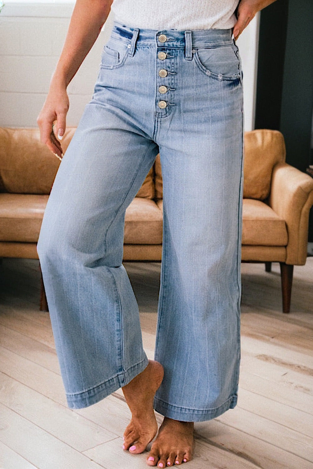 Beau Blue Multi Buttons Pinstripe Wide Leg Jeans for Women