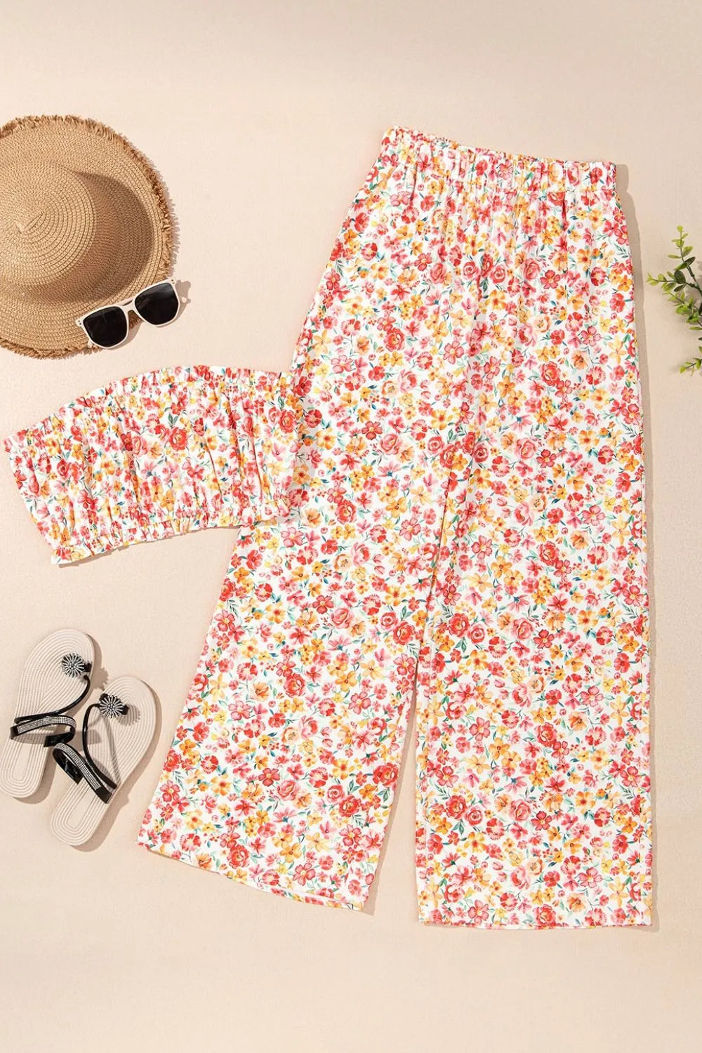 Sunset Bloom Boho Bandeau & Wide-Leg Pants Set