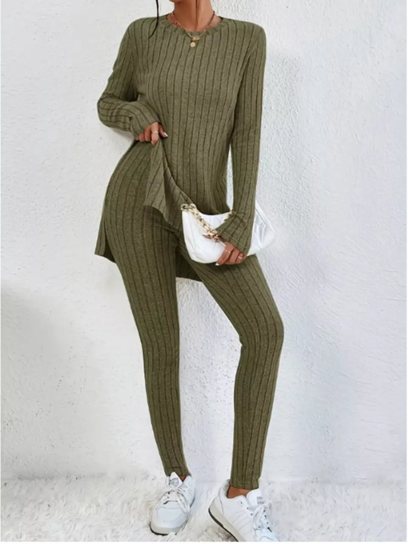 Side Slit Ribbed Top and Pants Set