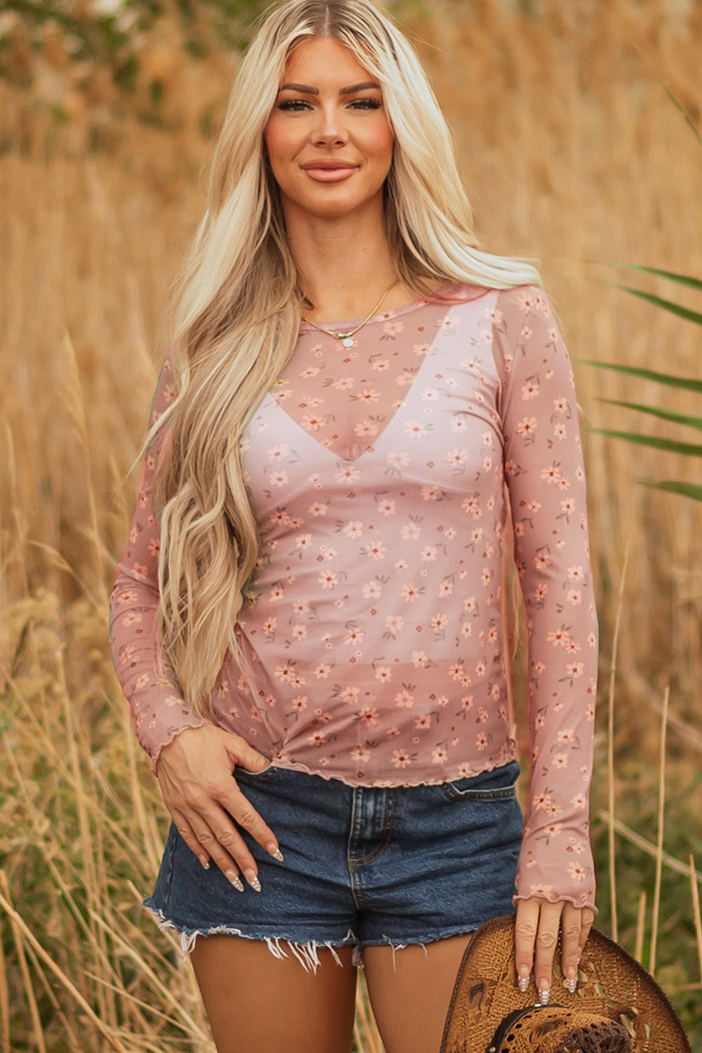 Premium Pink Vintage Floral Mesh Long Sleeve Top Southern Style