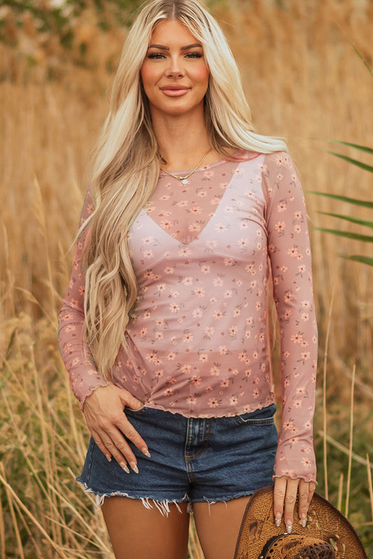 Premium Pink Vintage Floral Mesh Long Sleeve Top Southern Style Dear-Lover Dropshipping