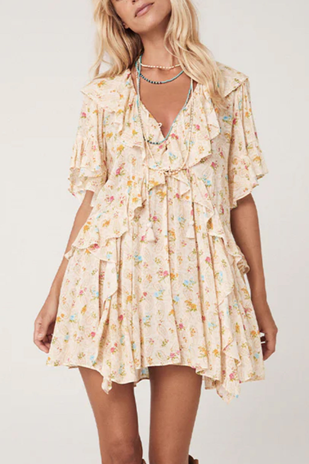 Apricot Boho Floral Tassel Tie V Neck Ruffle Mini Dress