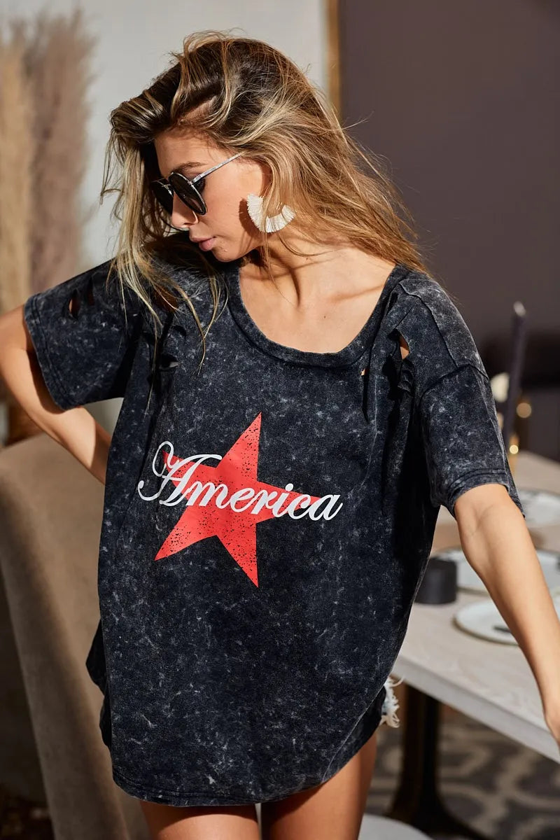BiBi Laser Cut Mineral Washed Jersey Top with America - Love Salve
