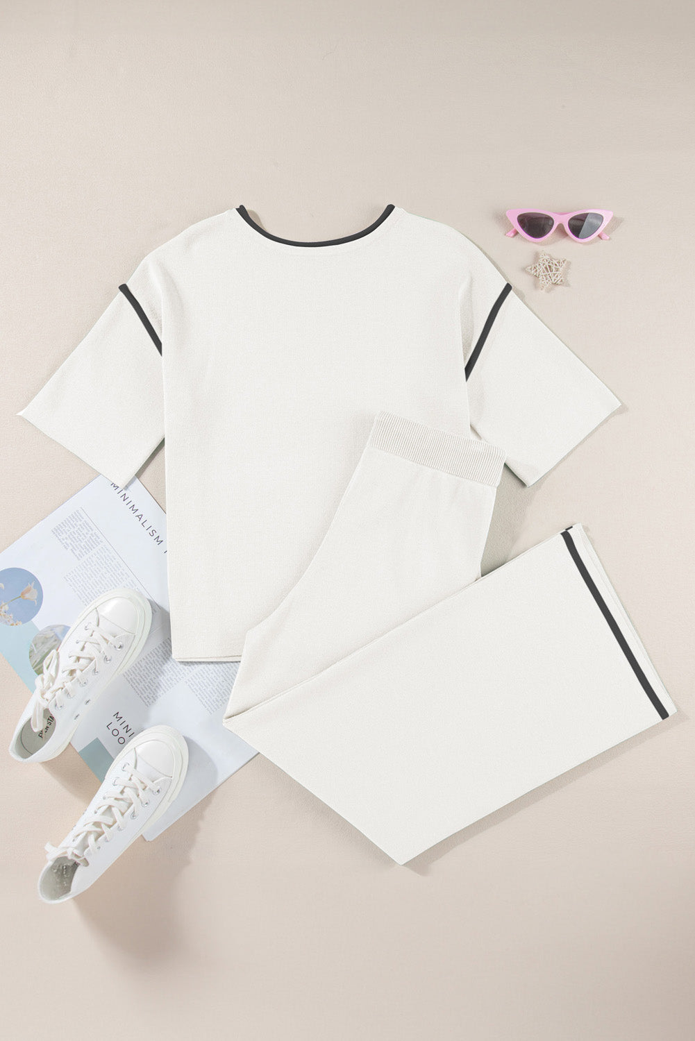 Premium White Contrast Trim Half Sleeve Top Drawstring Pants Set