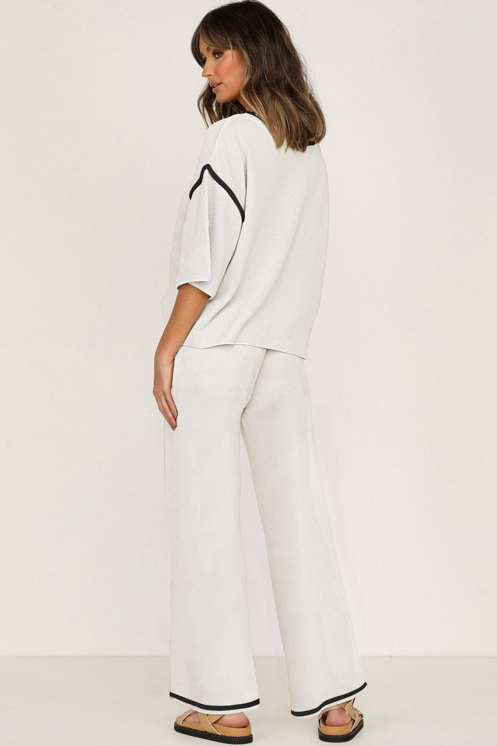 Premium White Contrast Trim Half Sleeve Top Drawstring Pants Set