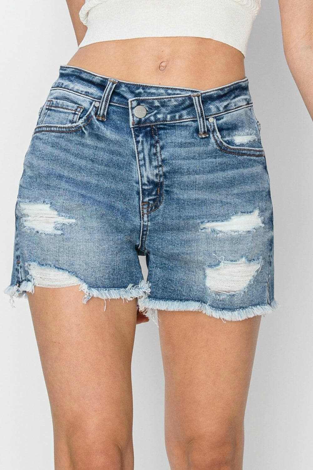 Risen frayed denim shorts, stepped waist - Love Salve