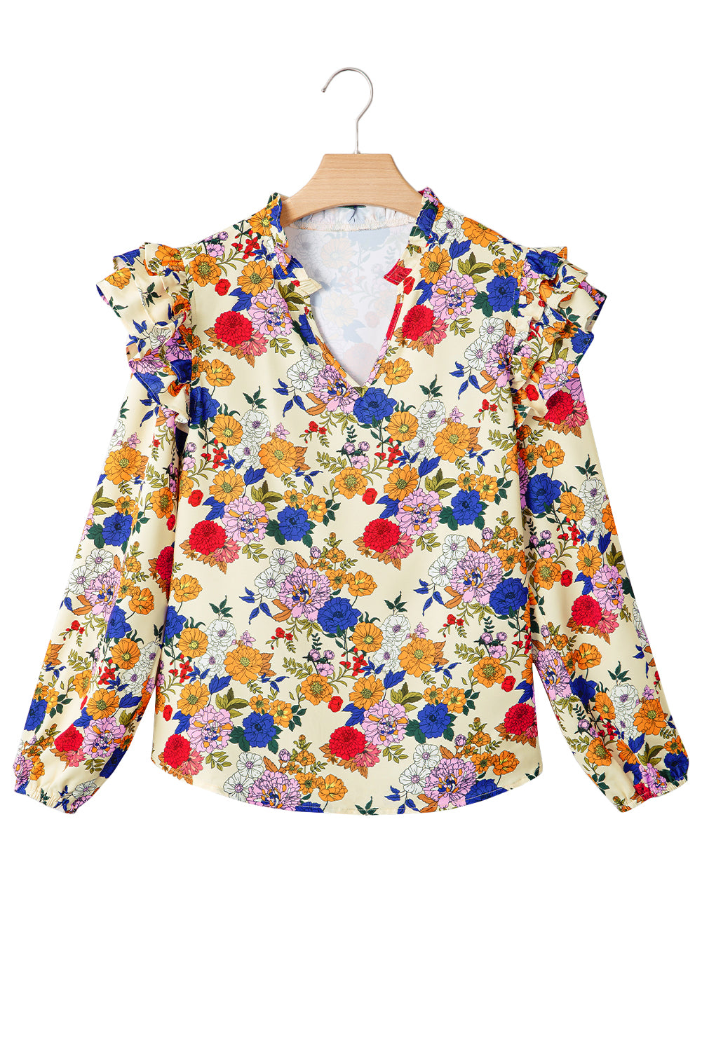 Premium Apricot Ruffled Shoulder Floral Long Sleeve Blouse
