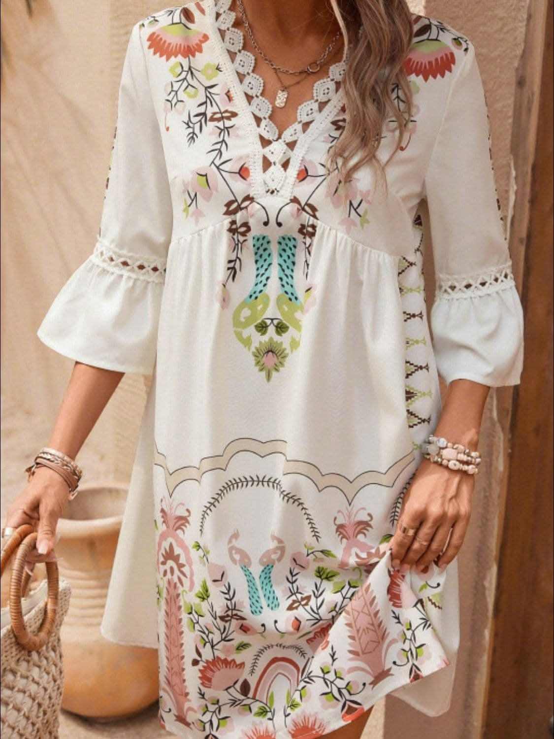 Lace Printed Three-Quarter Dress with Sheer Elegance - Love Salve