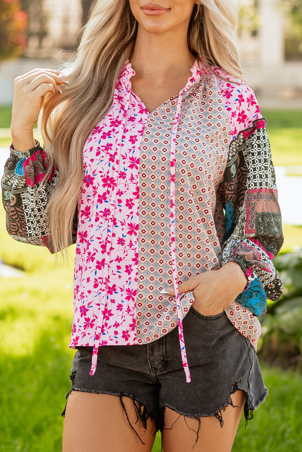 Premium Pink Boho Mixed Floral Drop Shoulder Bubble Sleeve Blouse