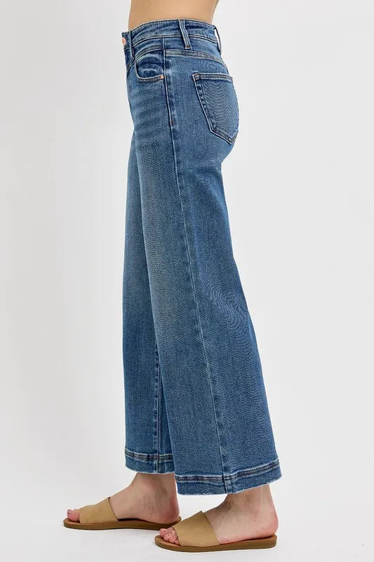 Risen Full Size High Rise Crop Wide Leg Front Yoke Detail Jeans Plus Size - Love Salve