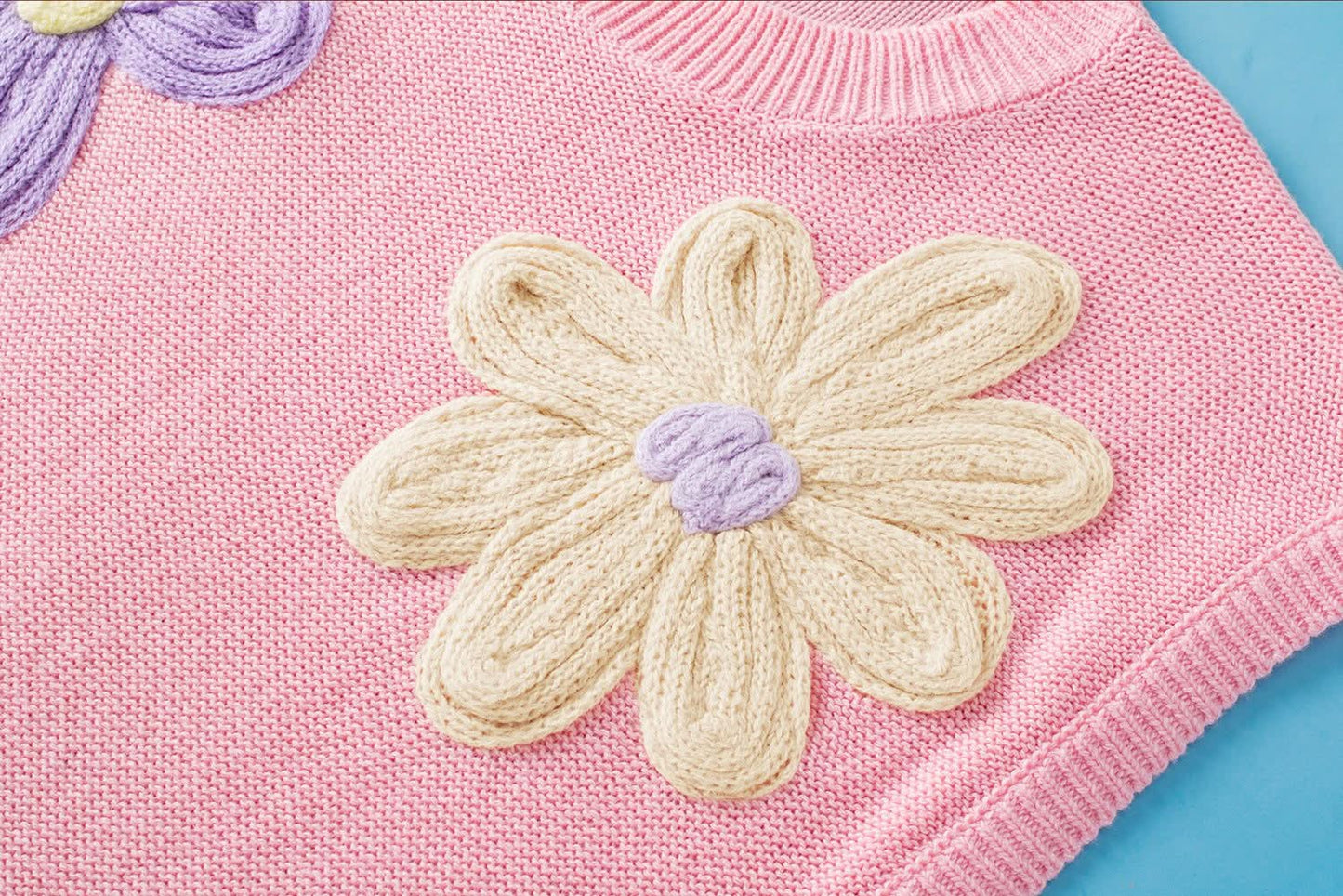 Pink Multi Crochet Flower Knit Short Sleeve Sweater Top