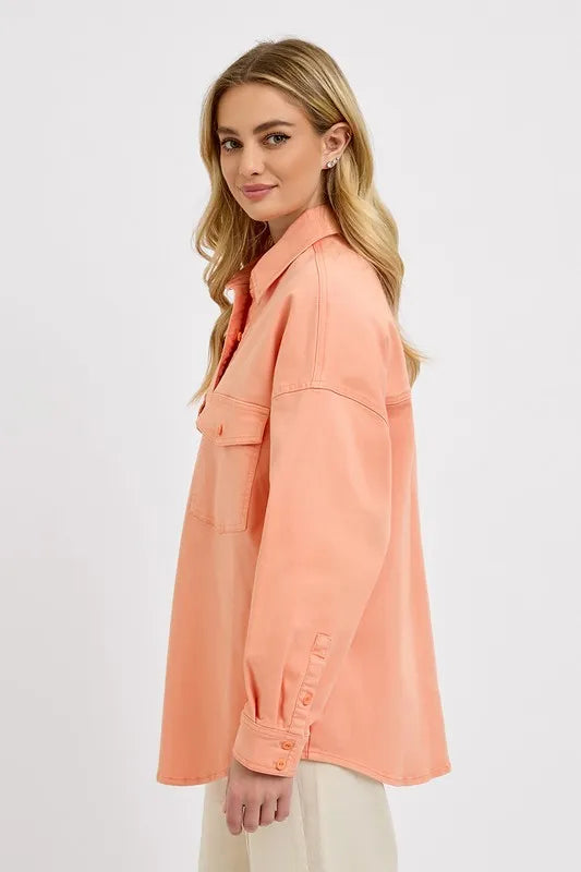 Risen Full Size Button Down Long Sleeve Denim Shacket with Chest Pockets Plus Size - Love Salve