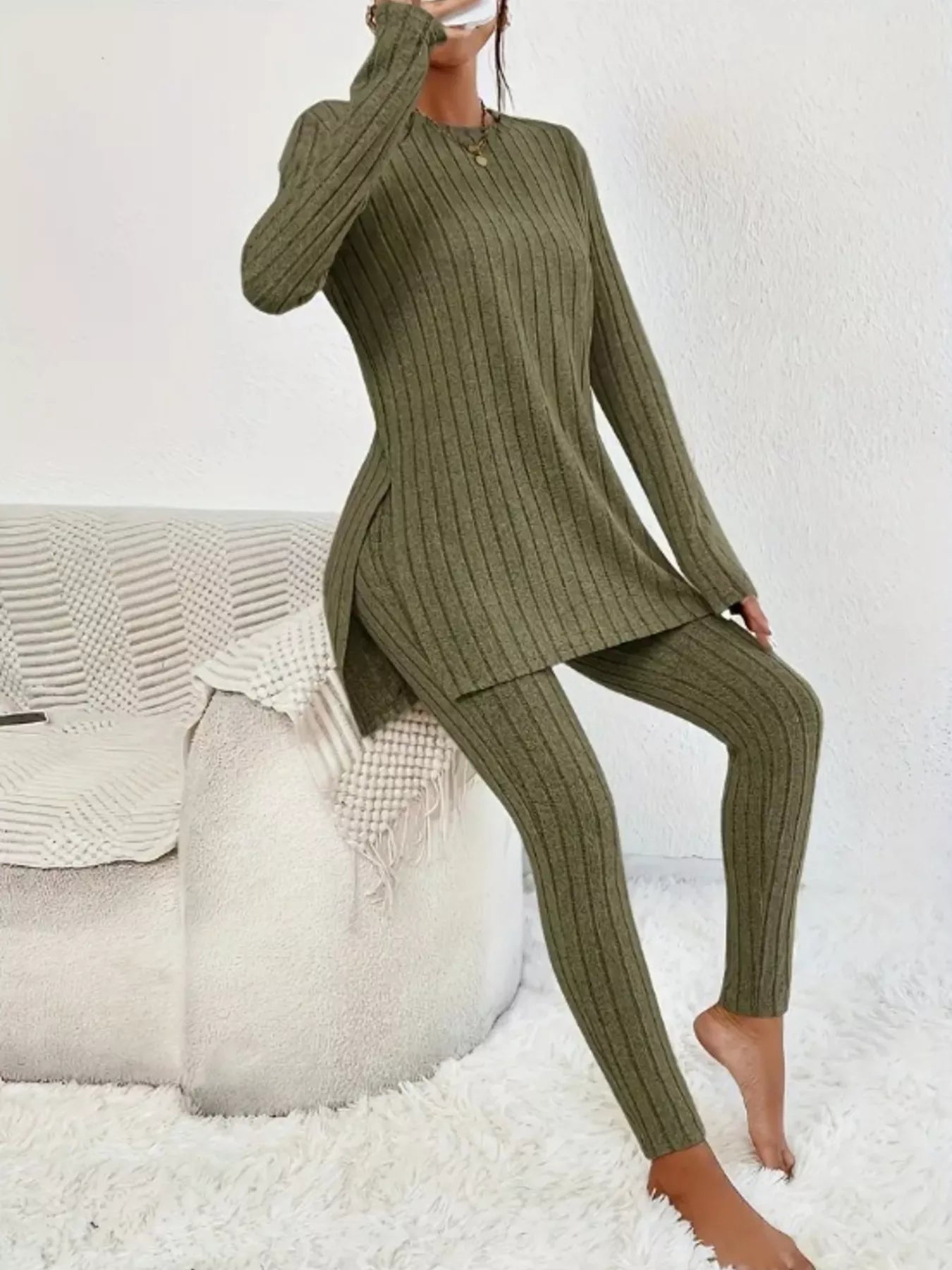 Side Slit Ribbed Top and Pants Set