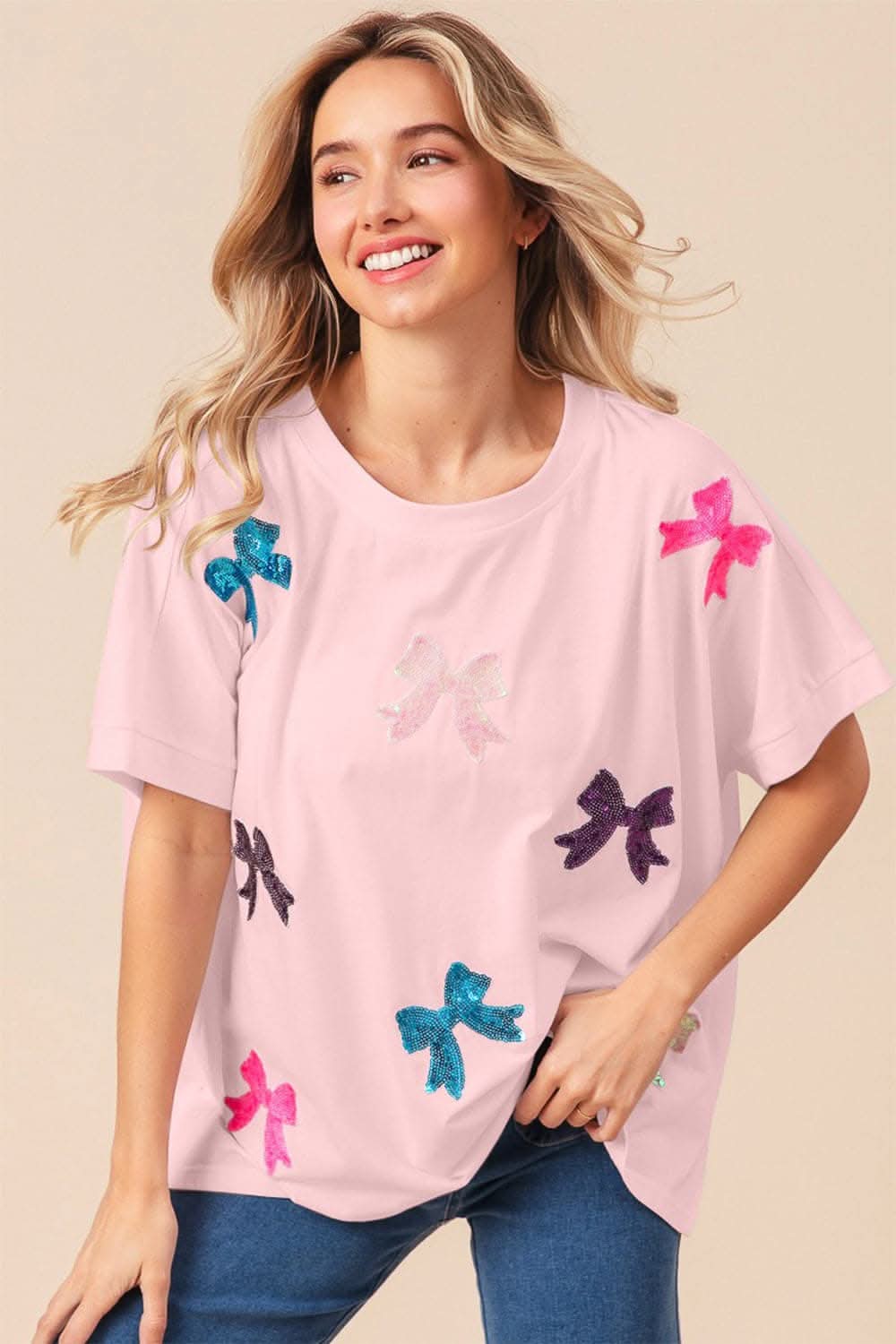 BiBi Sequin Bow Patch Short Sleeve T-Shirt - Love Salve
