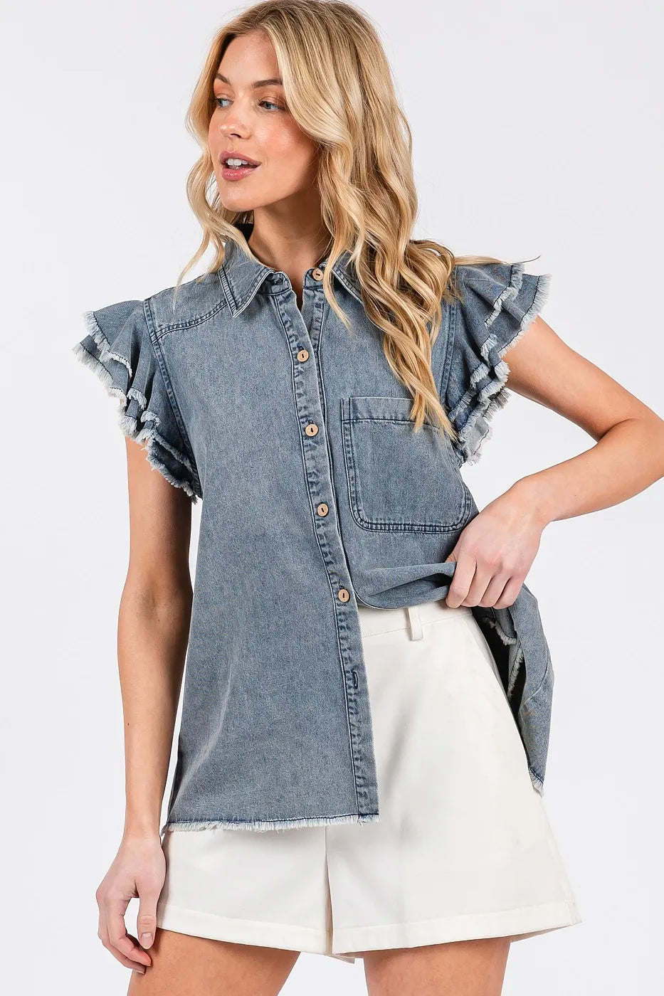 Mittoshop Washed Denim Ruffle Short Sleeve Collared Shirt - Love Salve