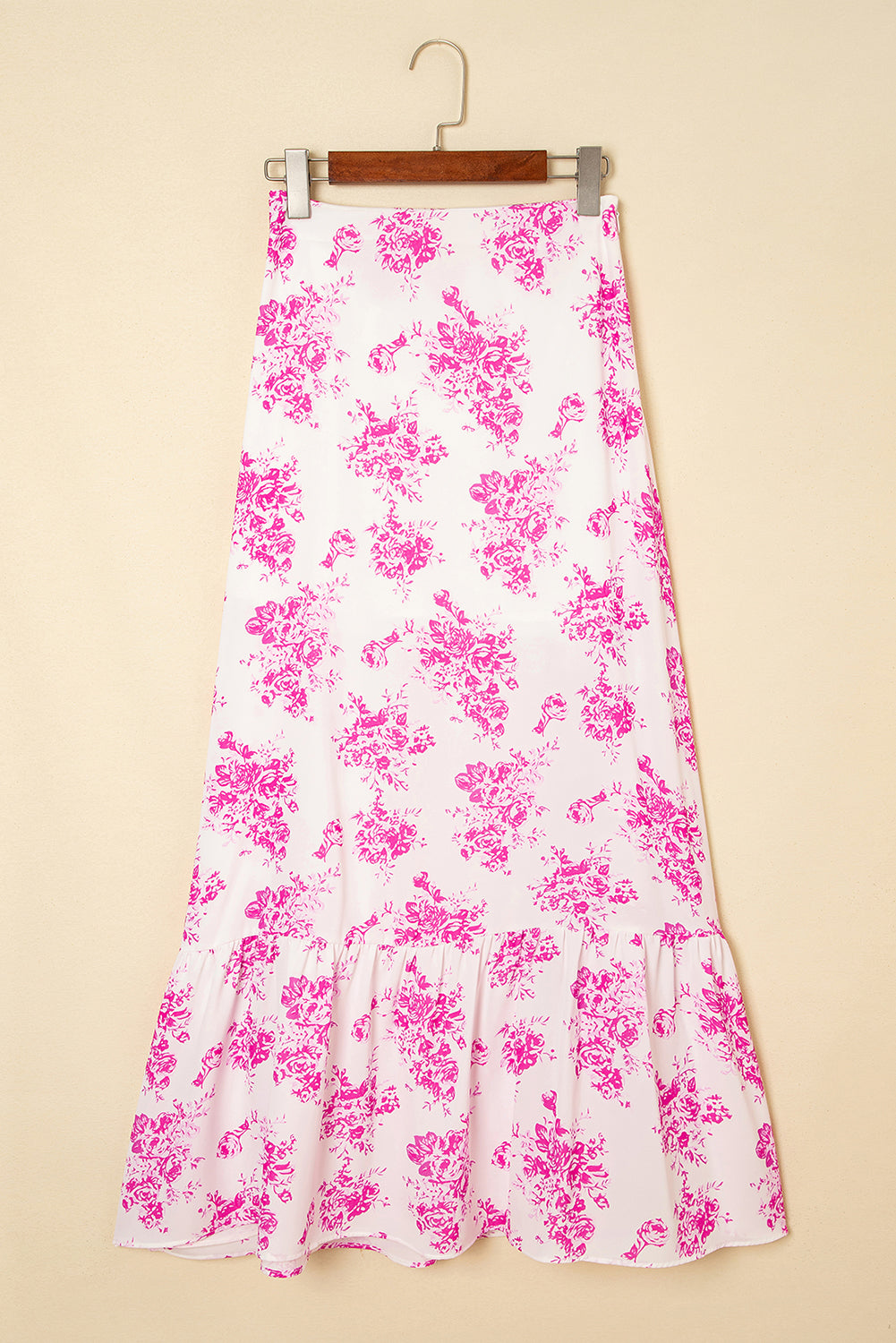 Rose Boho Floral High Waist Ruffle Split Maxi Skirt for Women
