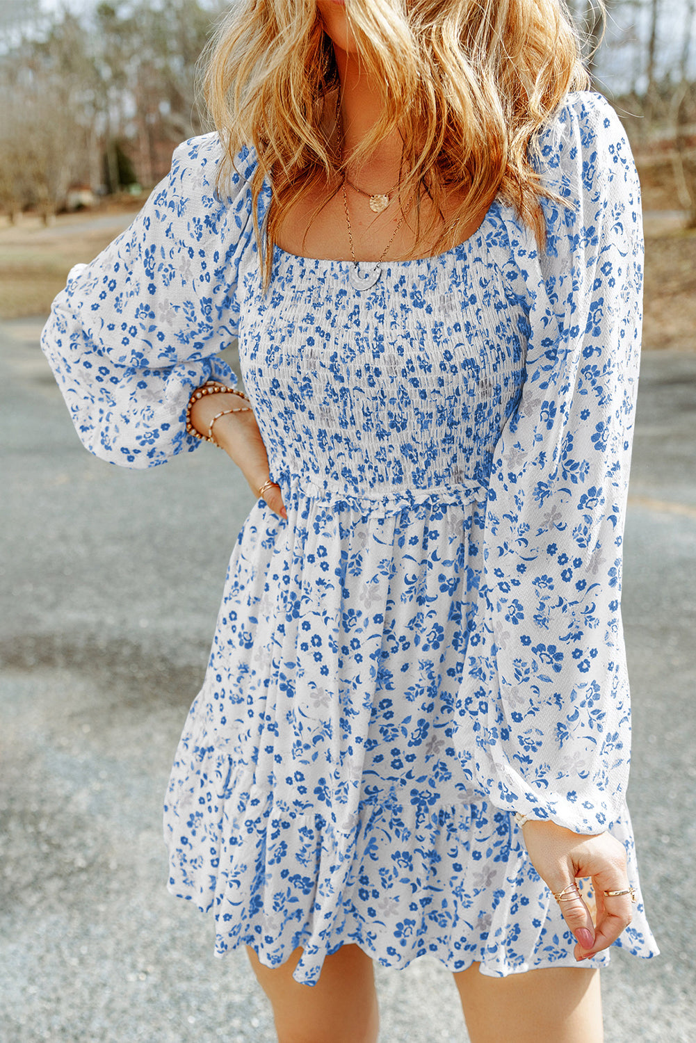Alanna Boho Floral Smocked Puff Sleeve Mini Dress - Love Salve