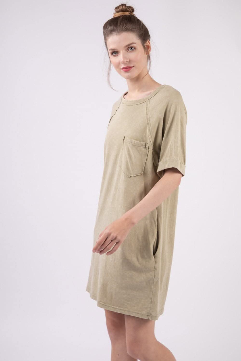 Very J Washed Round Neck Mini Tee Dress for Effortless Style - Love Salve