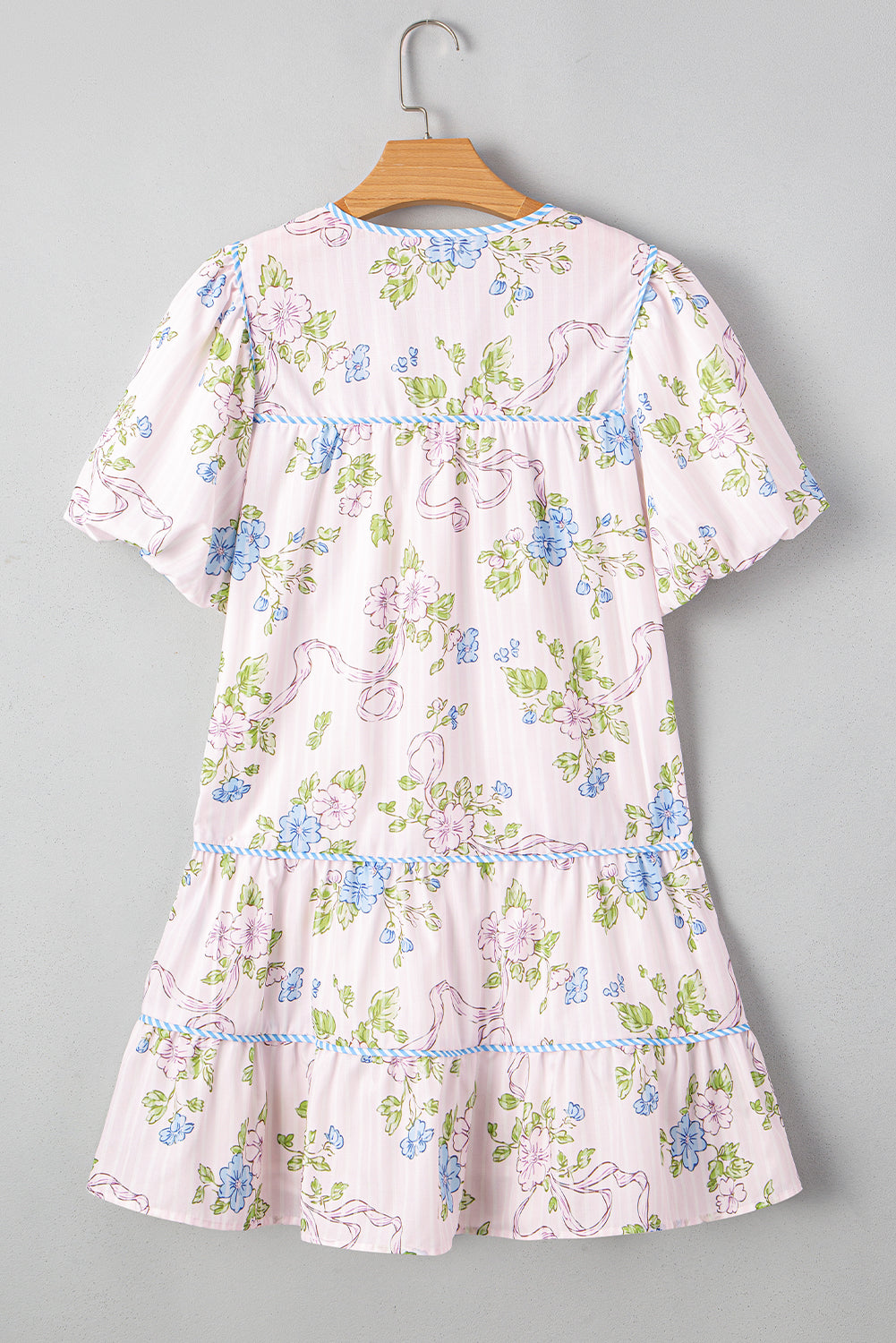 Pink Floral Striped Print Contrast Trim Tie Split Neck Mini Dress