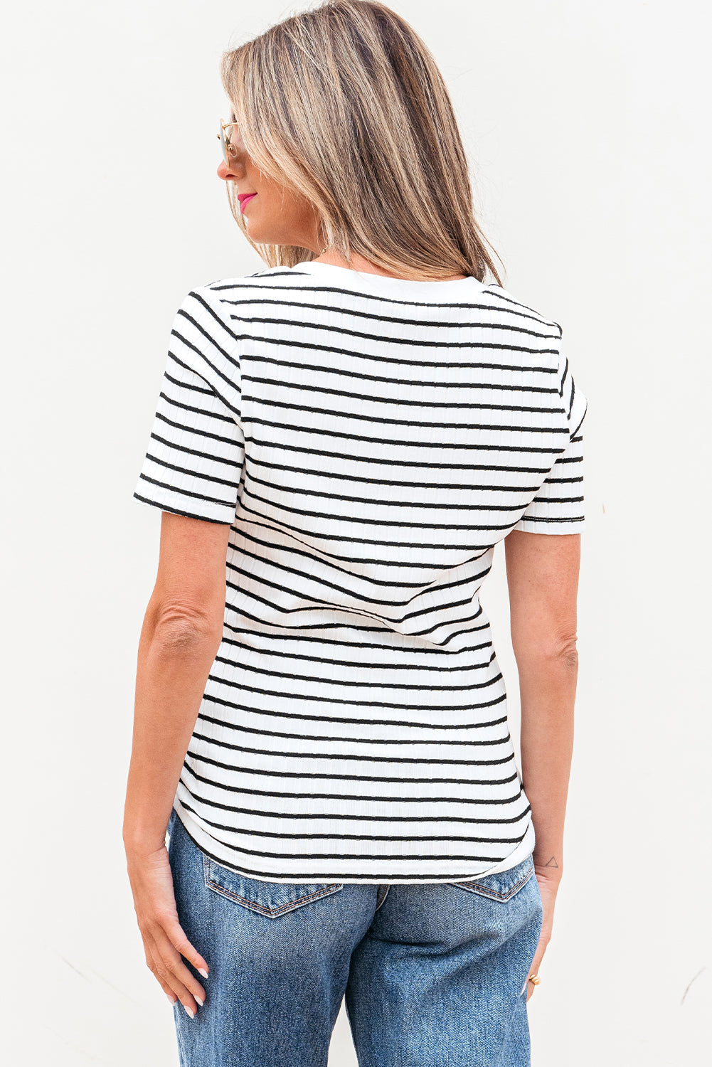 White Stripe Textured Short Sleeve Buttoned Henley Top Style