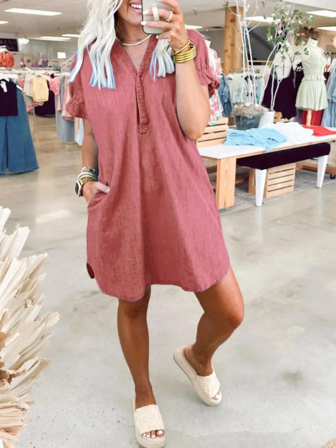 Full Size V-Neck Short Sleeve Denim Dress Plus Size
