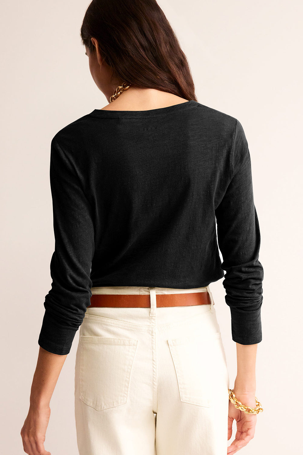 Black Casual Black Solid Color V Neck Long Sleeve Stretchy Top - Detail view by Dear-Lover Dropshipping