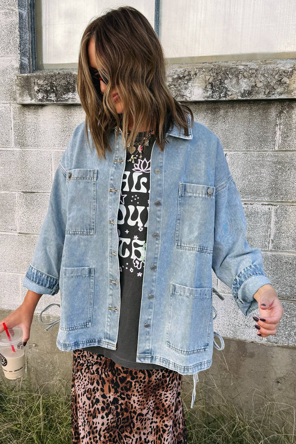 Beau Blue Patchwork Pockets Side Tie Boyfriend Denim Jacket
