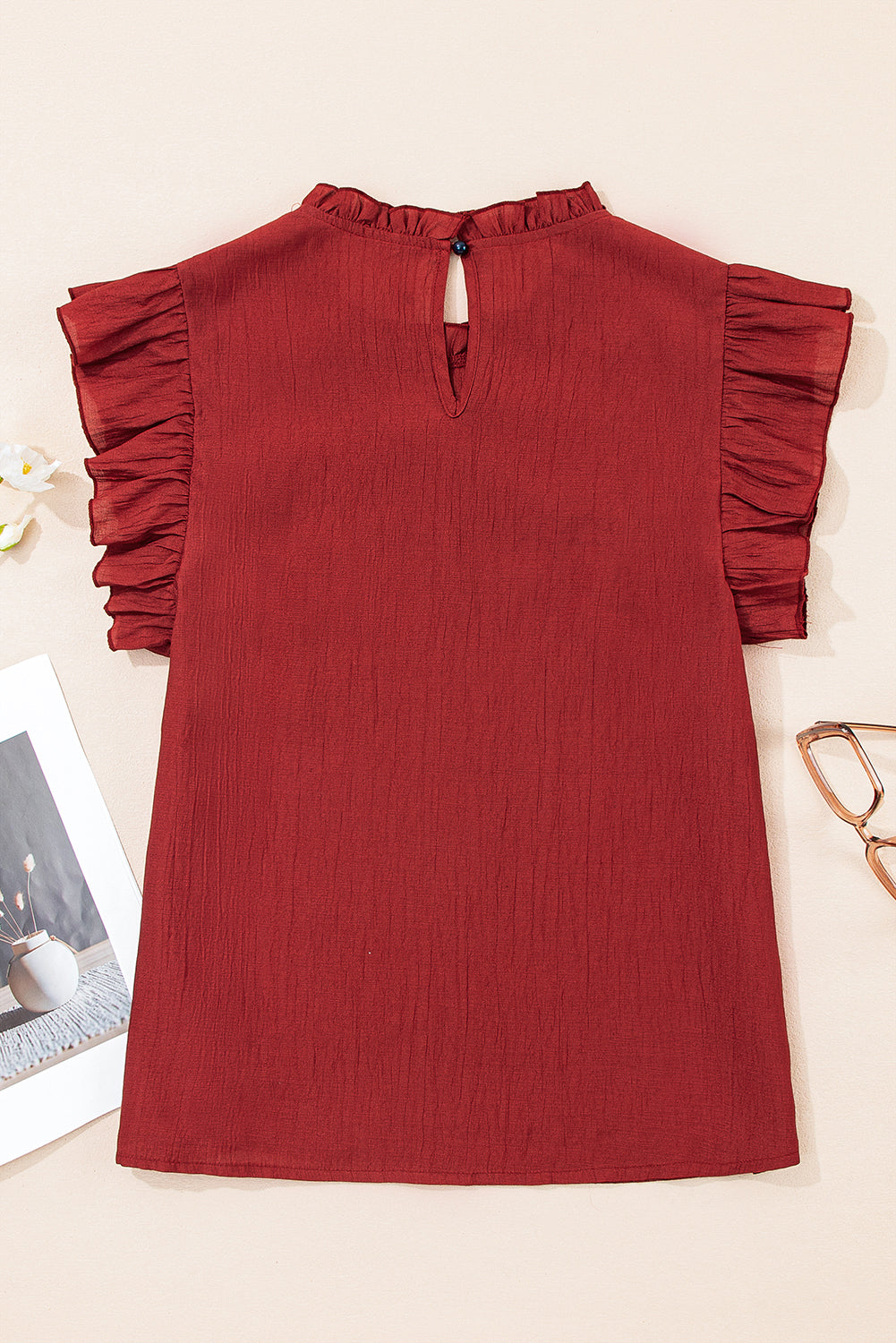 Red Dahlia Solid Color Pleated Detail Ruffle Blouse