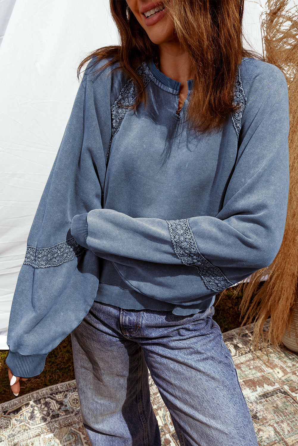 Sail Blue Lace Patchwork Notched Sweatshirt Mineral Wash