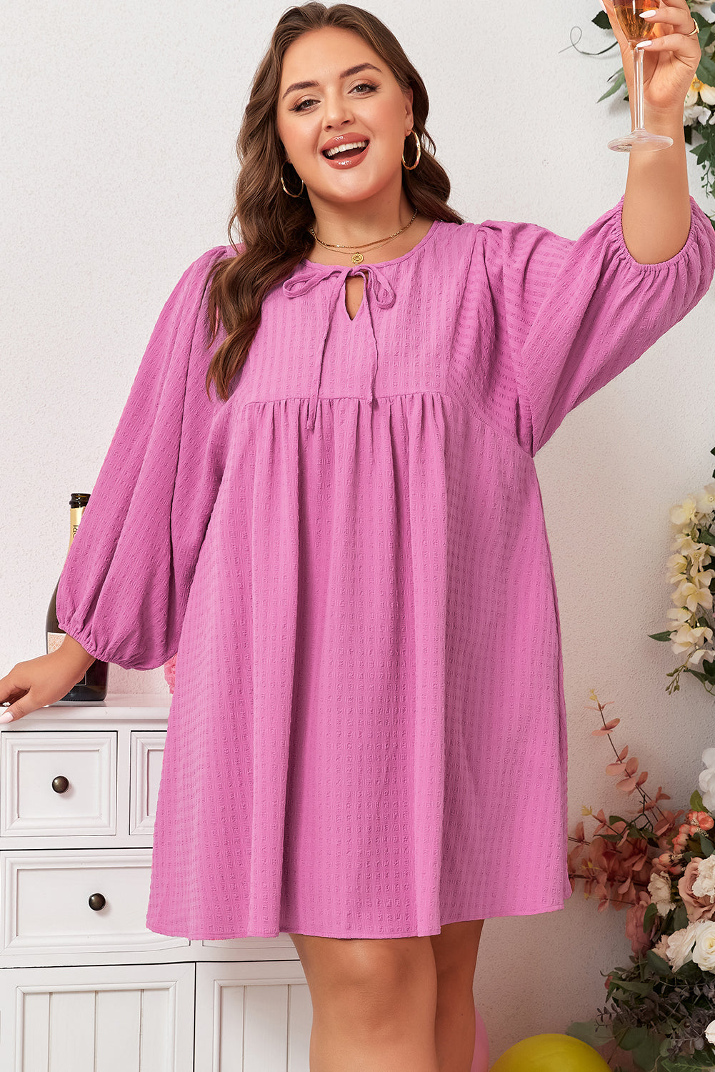 Premium Sachet Pink Plus Size Textured Tie Split Neck Puff Sleeve Flowy Mini Dress Dear-Lover Dropshipping