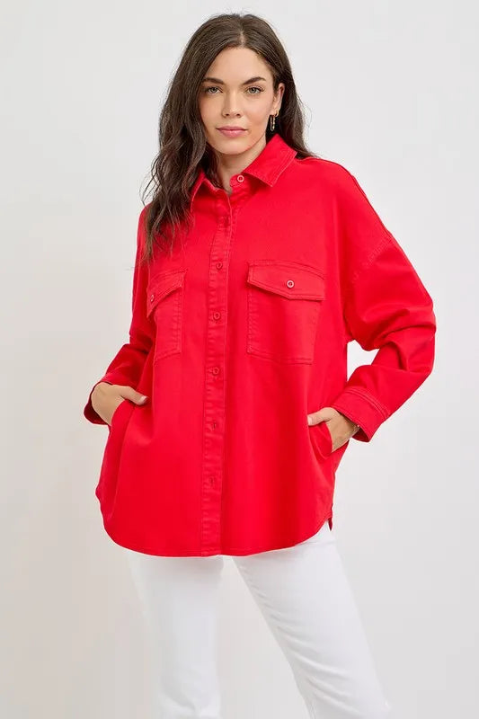 Risen Button Down Long Sleeve Denim Shacket with Chest Pockets - Love Salve