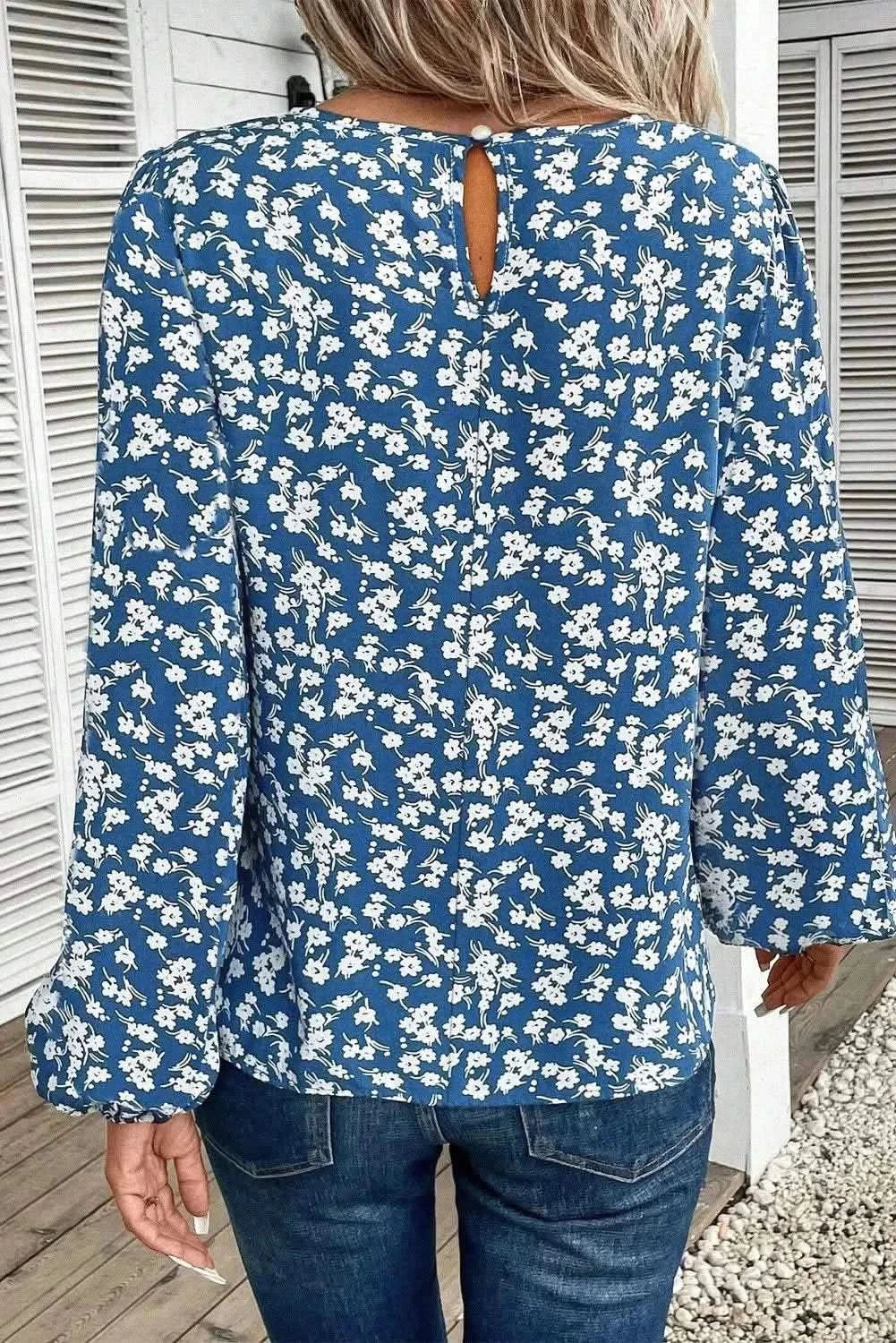 Printed Round Neck Balloon Sleeve Blouse - Love Salve