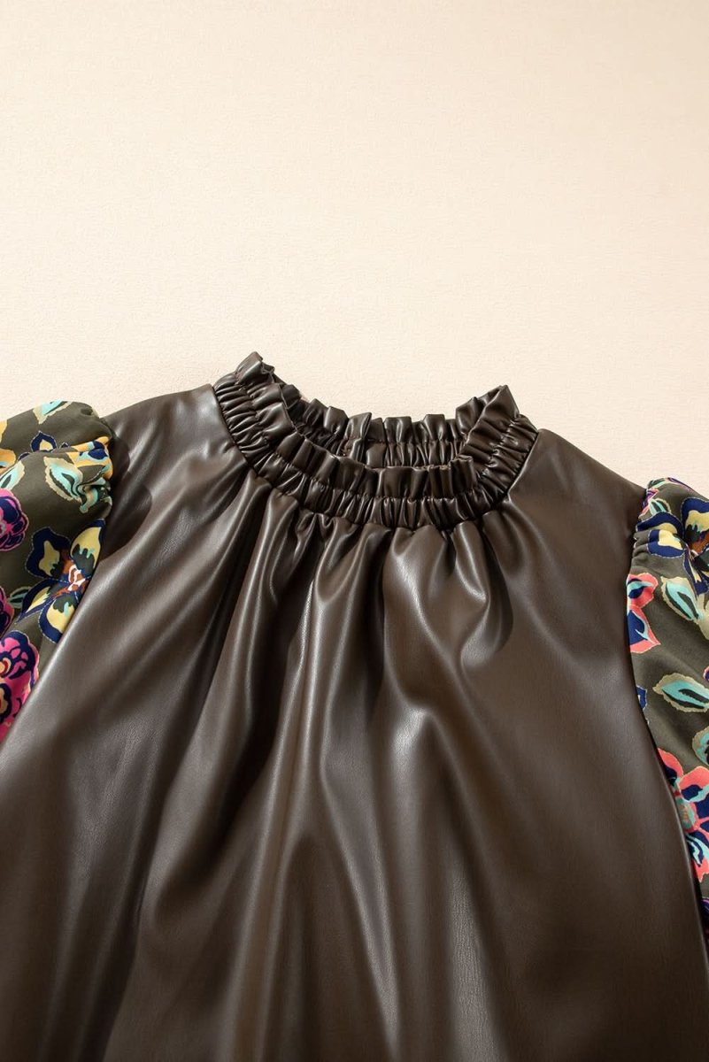Faux Leather Floral Bubble Sleeve Shift Blouse with Frilled Stand Neck in Four Leaf Clover - Love Salve
