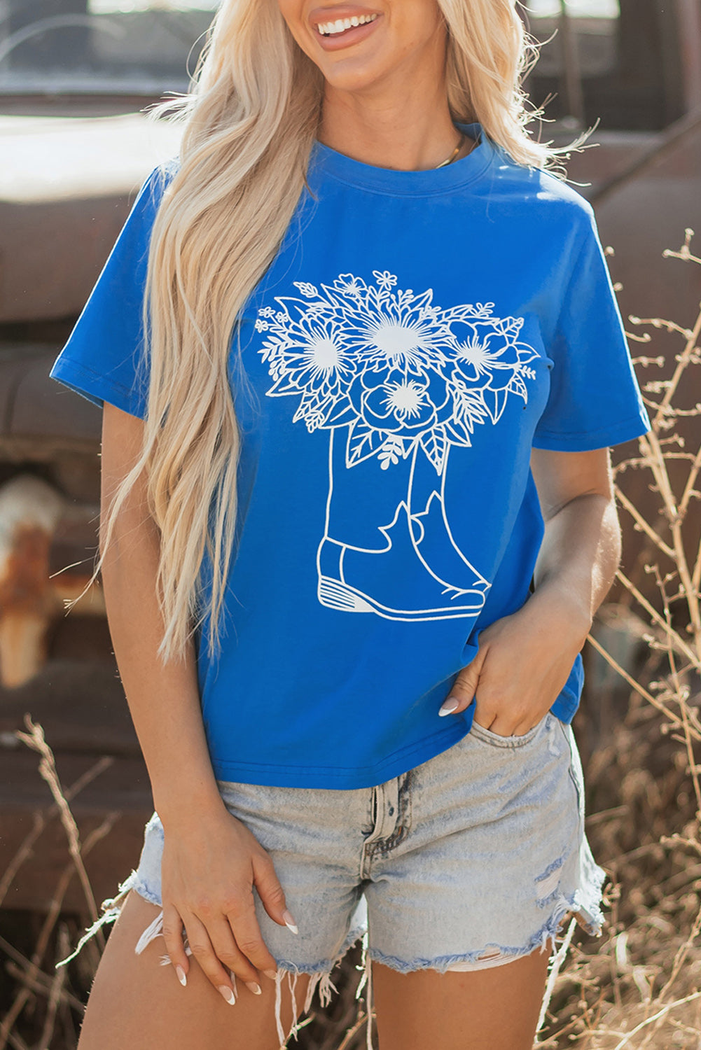 Blue Sunflower Boots Graphic Western Fashion T Shirt for Women